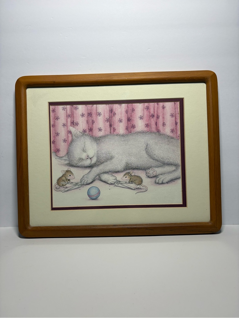 Vintage Calendar Art Illustration Sleeping Grey Cat Mice Cutting Claws Framed